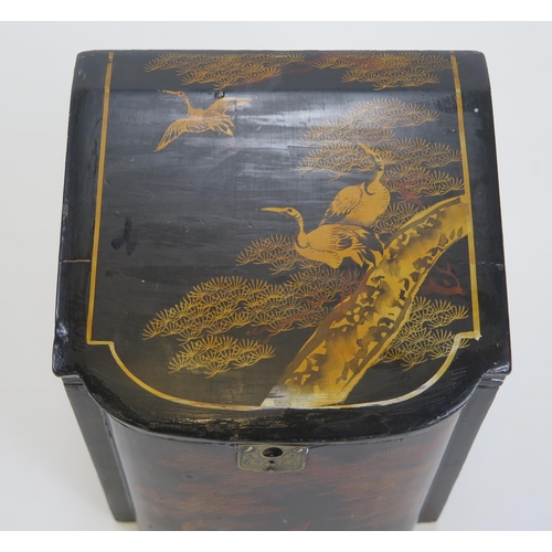 1281 - A late 19th century lacquered tea caddy, of bow-front outline decorated in the Chinoiserie taste, 15... 