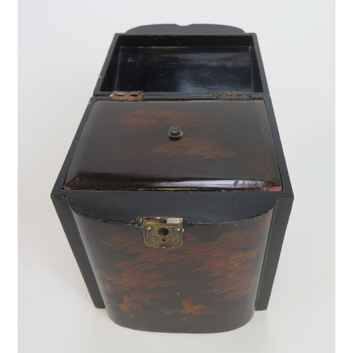 1281 - A late 19th century lacquered tea caddy, of bow-front outline decorated in the Chinoiserie taste, 15... 