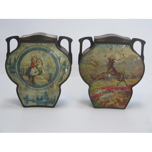 1293 - A pair of Edwardian lithographed tins of cartouche-shaped outline, decorated with a stag to one side... 