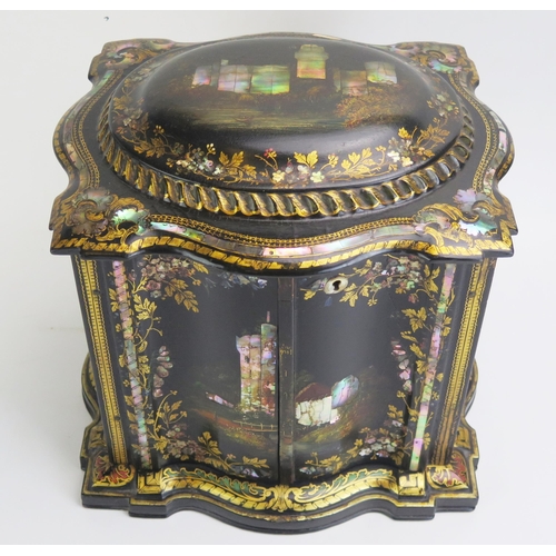 1298 - A Victorian papier-mache work box, of serpentine outline, with shallow domed hinged lid above a pair... 