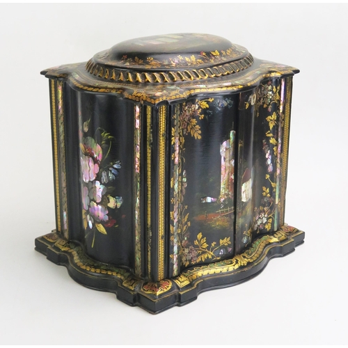 1298 - A Victorian papier-mache work box, of serpentine outline, with shallow domed hinged lid above a pair... 