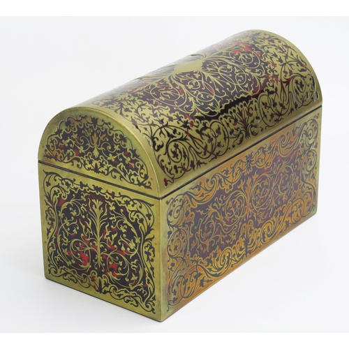 1299 - A tortoiseshell and boulle work stationery casket, of rectangular outline, the domed hinged lid encl... 