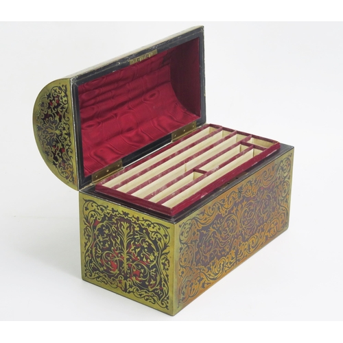 1299 - A tortoiseshell and boulle work stationery casket, of rectangular outline, the domed hinged lid encl... 