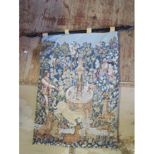 1610 - Three machine woven tapestries in the medieval and 17th century style, together with a copper horn. ... 