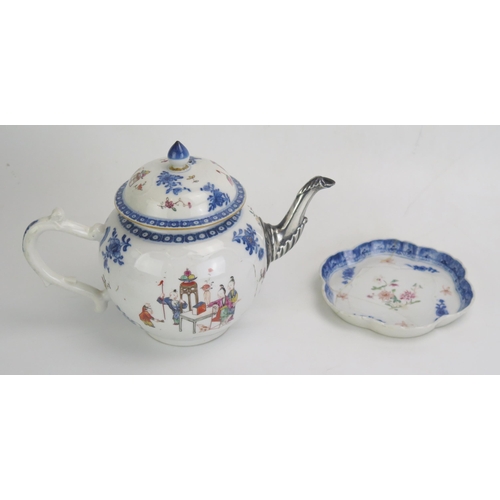 1628 - A 19th century Chinese porcelain teapot, with replacement silver spout, 24cm long, together with a n... 