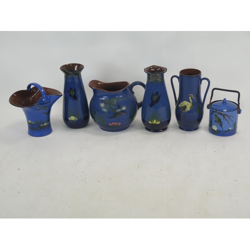 1645B - A Selection of Torquay Pottery including kingfisher pattern, tallest vase 31cm