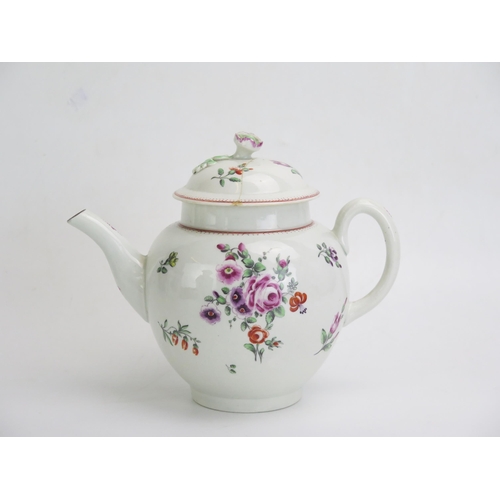 1651 - A large 18th century English teapot, decorated in the Chinoiserie taste, the lid damaged and repaire... 