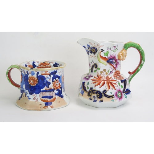 1652 - An Ironstone china mug of large size decorated in the Imari style, together with a large jug, 19cm h... 