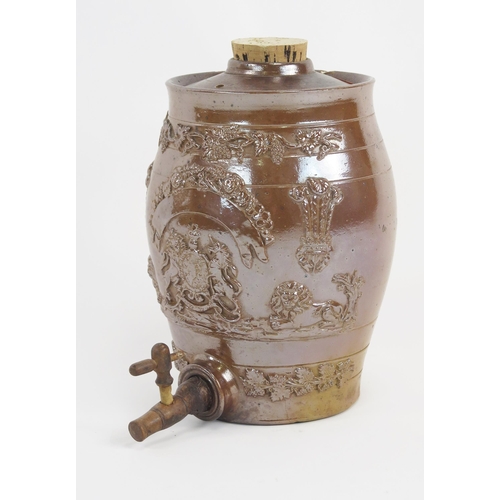 1656 - A salt glaze pottery keg, with low relief moulded decoration of Royal coat of arms, Prince of Wales ... 