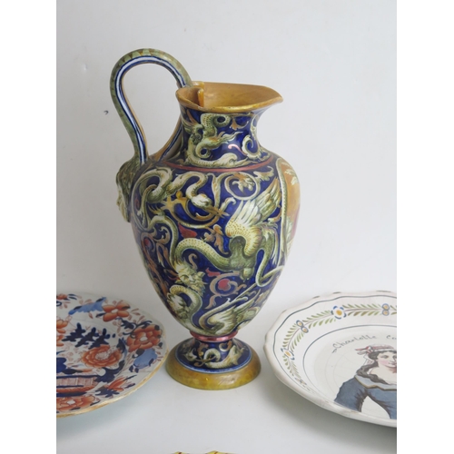 1660A - A Cantagalli majolica wine ewer, with Neo-classical decoration, 28cm high, a/f, together with variou... 