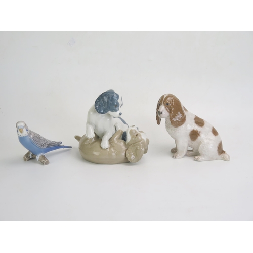 1667 - A Royal Copenhagen porcelain model of playing puppies, another spaniel, and a budgerigar. (3)