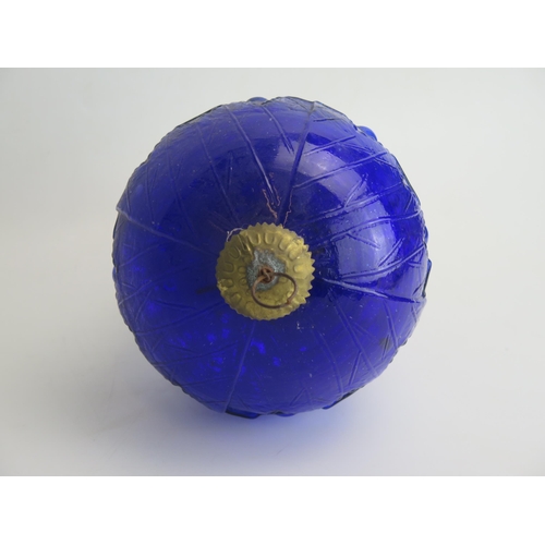 1680 - A Large Kugel blue moulded glass Christmas tree decoration in the form of a bunch of grapes, 26cm lo... 