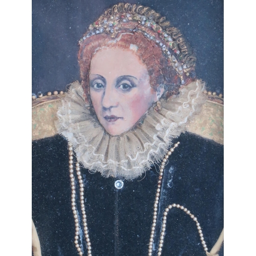 1713 - A Stumpwork Portrait of Queen Elizabeth I with painted face,  14/5x10cm, framed & glazed