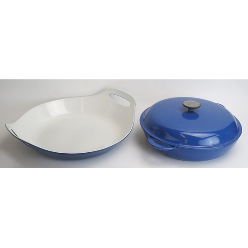 1757 - A Le Creuset oven proof dish and cover, 31cm diameter, together with a large matching twin handled d... 