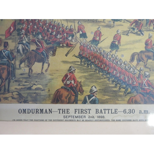 1774 - A polychrome print depicting 'Omdurman -The First Battle -6.30am, contained in a maple frame, 53 x 7... 