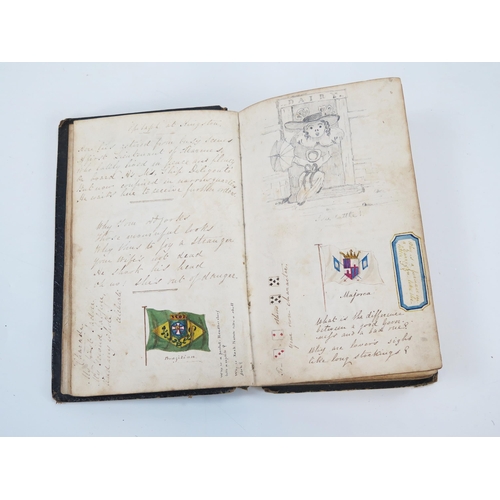 1809 - An early 19th century personal scrap book, with watercolours, pen and ink cartoons, national flags, ... 