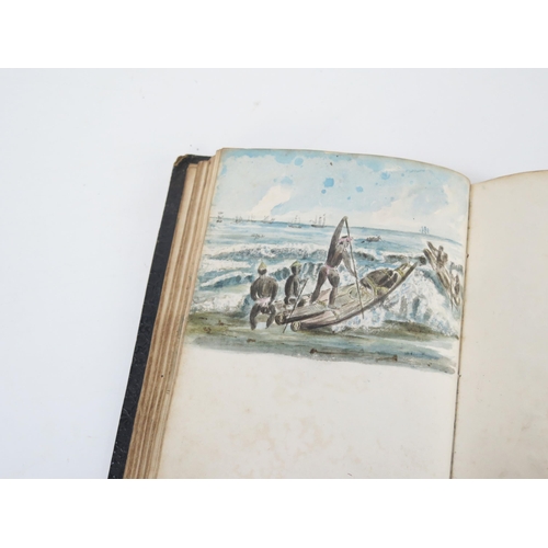 1809 - An early 19th century personal scrap book, with watercolours, pen and ink cartoons, national flags, ... 