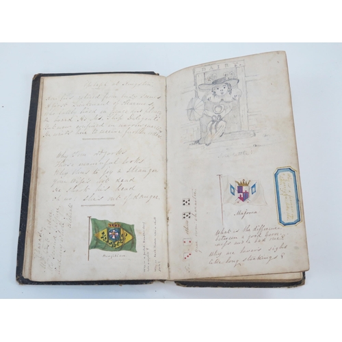 1809 - An early 19th century personal scrap book, with watercolours, pen and ink cartoons, national flags, ... 