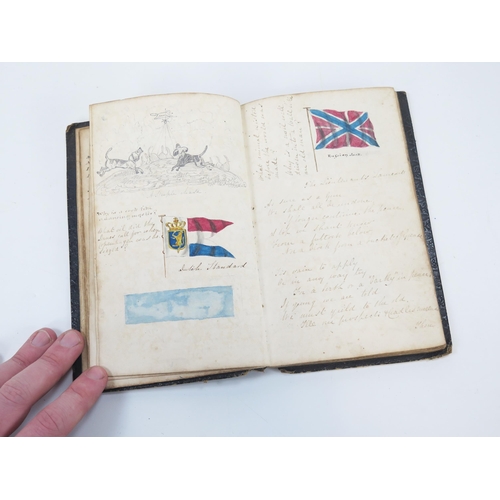 1809 - An early 19th century personal scrap book, with watercolours, pen and ink cartoons, national flags, ... 