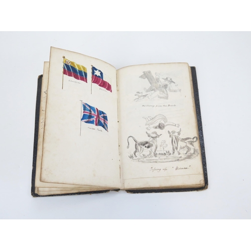 1809 - An early 19th century personal scrap book, with watercolours, pen and ink cartoons, national flags, ... 