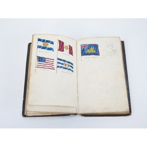 1809 - An early 19th century personal scrap book, with watercolours, pen and ink cartoons, national flags, ... 