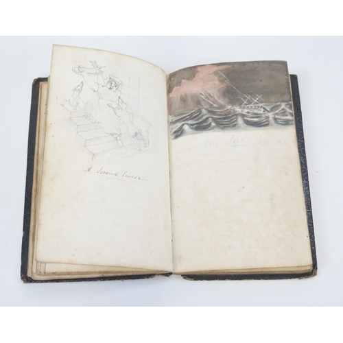 1809 - An early 19th century personal scrap book, with watercolours, pen and ink cartoons, national flags, ... 