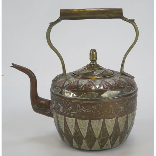 1839 - An Anglo-Persian copper and brass kettle, with applied copper and white metal panelled decoration, 2... 