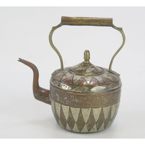 1839 - An Anglo-Persian copper and brass kettle, with applied copper and white metal panelled decoration, 2... 