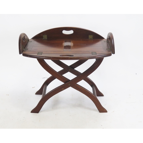 1847 - A reproduction mahogany and brass mounted folding butlers tray and stand with folding flaps, 80cm ex... 