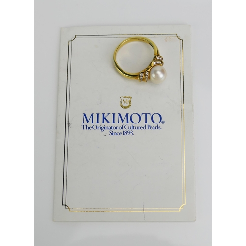 101 - A MIKIMOTO 18CT Gold, Cultured Pearl and Diamond Ring with certificate, size N.5, stamped 18ct, 5.18... 