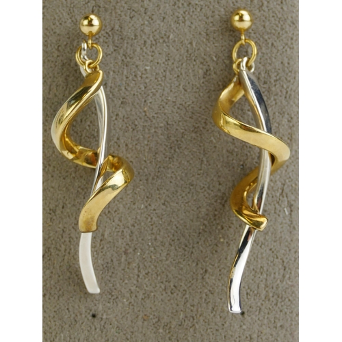 106 - A Pair of 14K Yellow and White Gold Spiral Pendant Earrings, 46.2mm drop, stamped 585, 2.38g