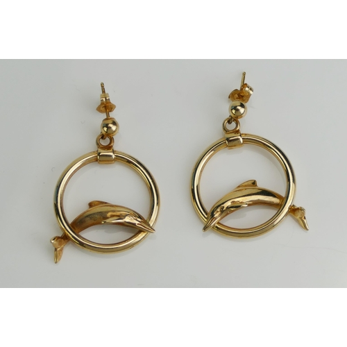 109 - A Pair of 14K Gold Leaping Dolphin Pendant Earrings, 32mm drop, stamped 14K, 4.63g