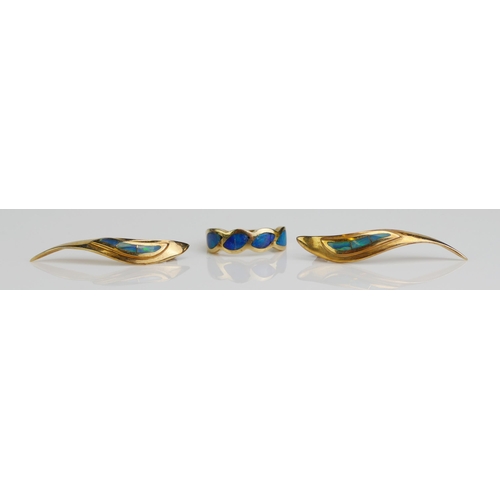 110 - A 14K Gold and Opal Earring and Ring Set, ring size O.5 (some faults to opal), earrings c. 42.7mm dr... 