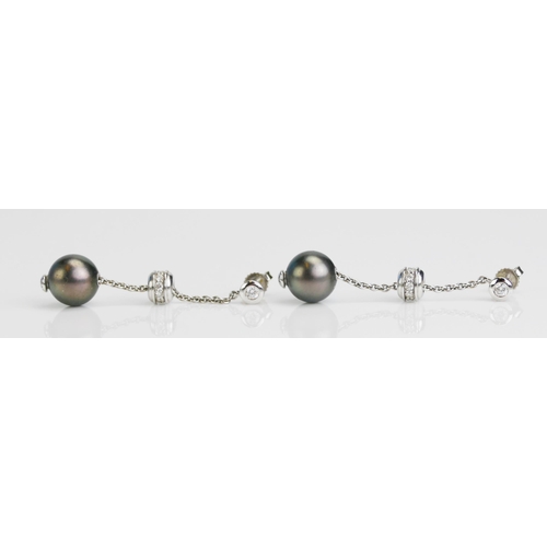 112 - A Pair of 18ct White Gold, South Sea Black Cultured Pearl and Diamond Pendant Earrings, 46.9mm drop,... 