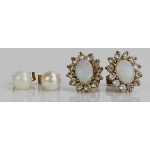 126 - A Pair of 9ct Gold, Opal and CZ Cluster Earrings (12x10.3mm head, hallmarked) and a pair of cultured... 