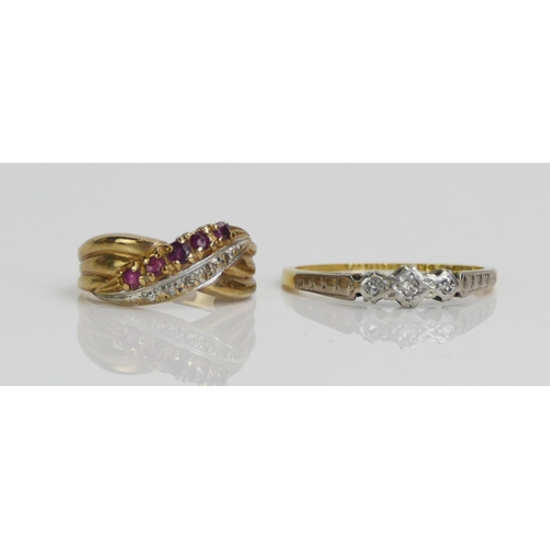 128 - An 18ct Gold and Diamond Three Stone Platinum Set Ring (size N.5, 1.94g) and a 9ct gold, ruby and di... 