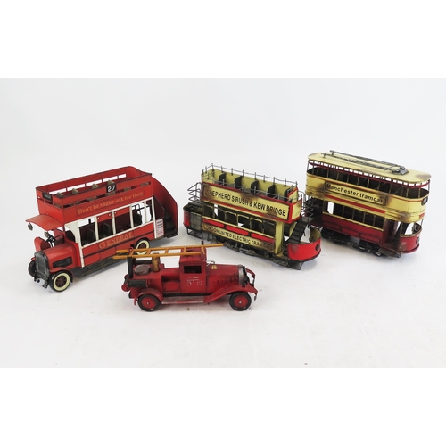 1313 - Vintage Style Tin Trams, Early Double Deck Bus and Fire Engine, longest 42cm