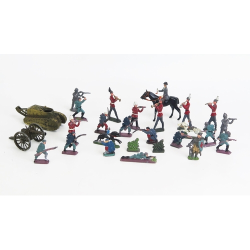 1320C - Collection of Lead Soldiers, mostly flat & semi-flat with mounted figure, Britains field gun and unu... 