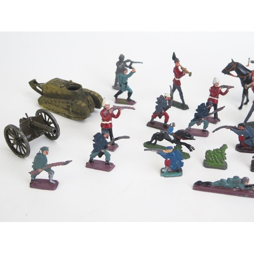 1320C - Collection of Lead Soldiers, mostly flat & semi-flat with mounted figure, Britains field gun and unu... 