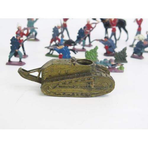 1320C - Collection of Lead Soldiers, mostly flat & semi-flat with mounted figure, Britains field gun and unu... 