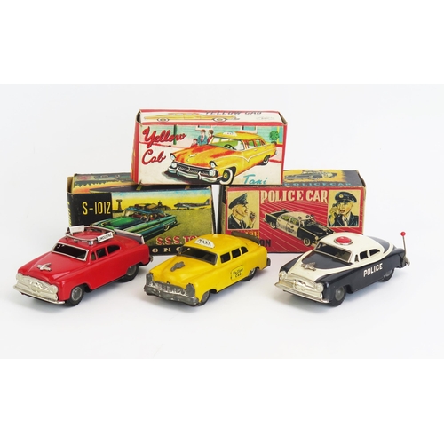 1323 - Japanese Tinplate Toy Car Trio including SSS Toys S-1011 Police Car, S-1012 Limousine in red and ASC... 