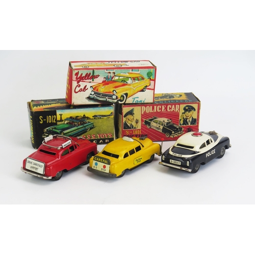 1323 - Japanese Tinplate Toy Car Trio including SSS Toys S-1011 Police Car, S-1012 Limousine in red and ASC... 