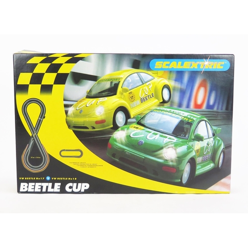 1350 - Scalextric Beetle Cup Slot Car Set with x2 VW Volkswagen Beetles No. 17 and No. 18 - mint or very ne... 