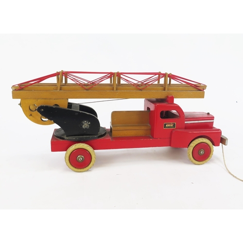 1367 - Brio (Sweden) Large Wooden Fire Engine Pull-Along Toy with extending ladder, 67cm long, ladder exten... 