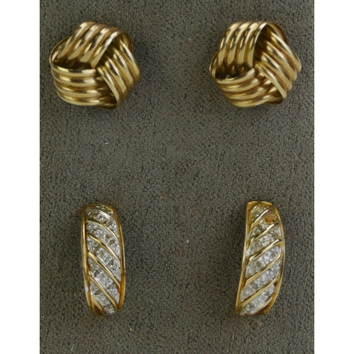 139 - A Pair of 9ct Gold Gem Set Crescent Shaped Earrings (3.08g) and a pair of yellow metal studs (1.7g)