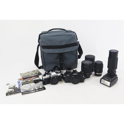 1405 - Olympus Camera Group including OM-3  and OM20 Camera bodies, flash unit, Vivitar Mirror Lens 1:8.0 f... 