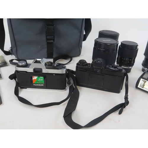 1405 - Olympus Camera Group including OM-3  and OM20 Camera bodies, flash unit, Vivitar Mirror Lens 1:8.0 f... 