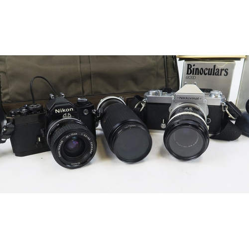 1407 - Nikon Camera Group Including 2 35mm camera bodies, Nikon AF TW, 3 lenses, Binoculars, some boxed in ... 