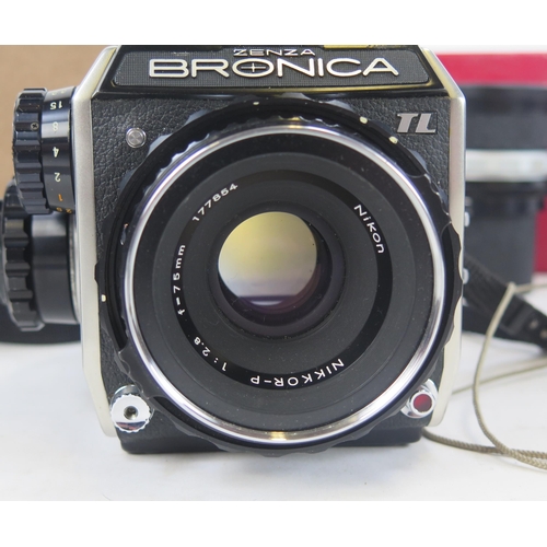 1410 - Zenza Bronica EC-TL Camera Body with x2 EC film back magazines, Nikkor-D 40mm f/4 lens, Komura 150mm... 