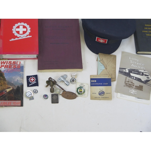 1489 - Collection of Railwayana from Ex-Railway Driver including hat, badges, papers, Swiss Railway magazin... 